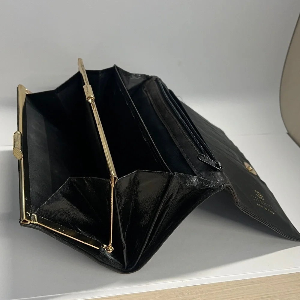 Black Leather Long Bifold Snap Clutch Wallet